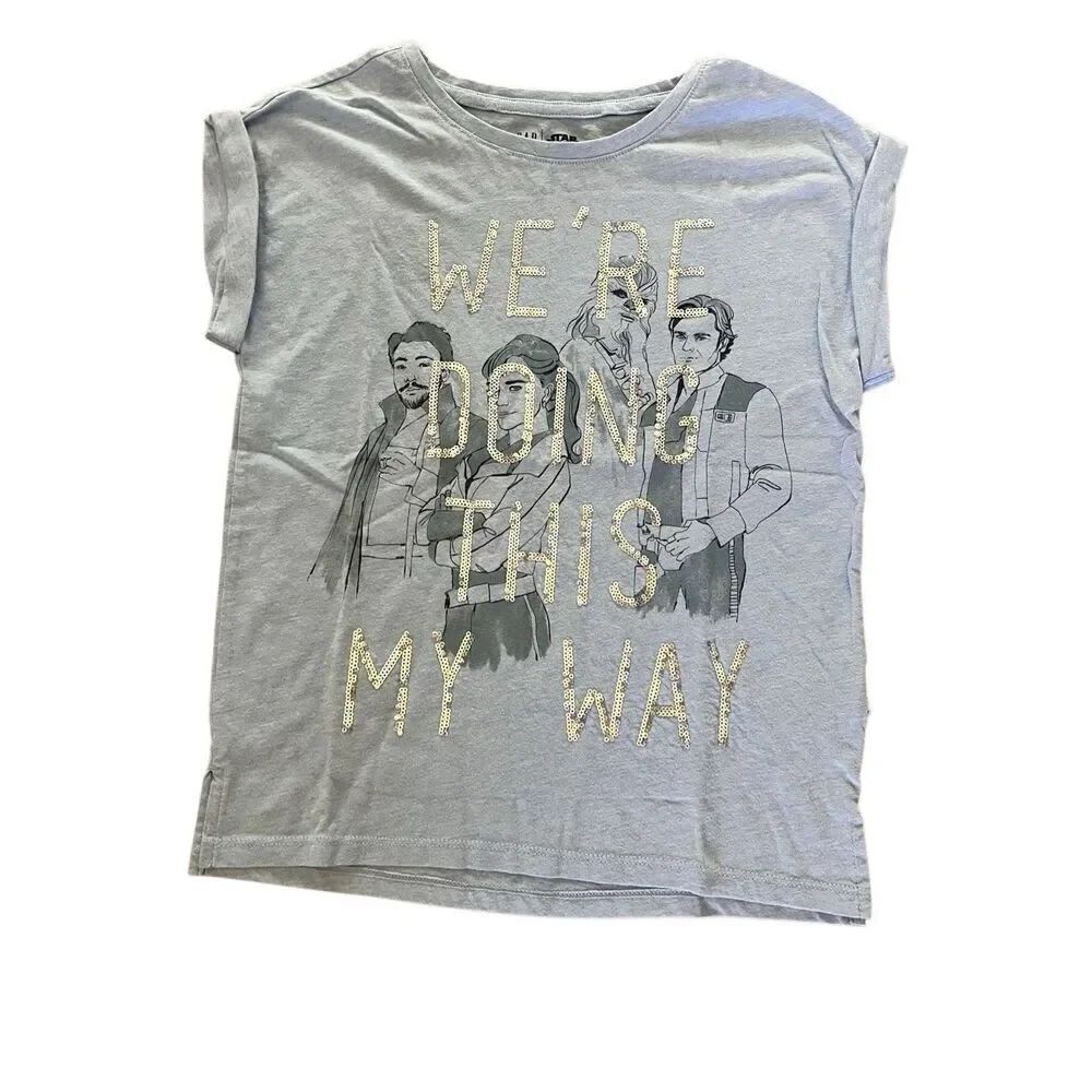 Gap x Star Wars Blue Sequin We’re Doing This My Way Graphic T Shirt Girls L RARE